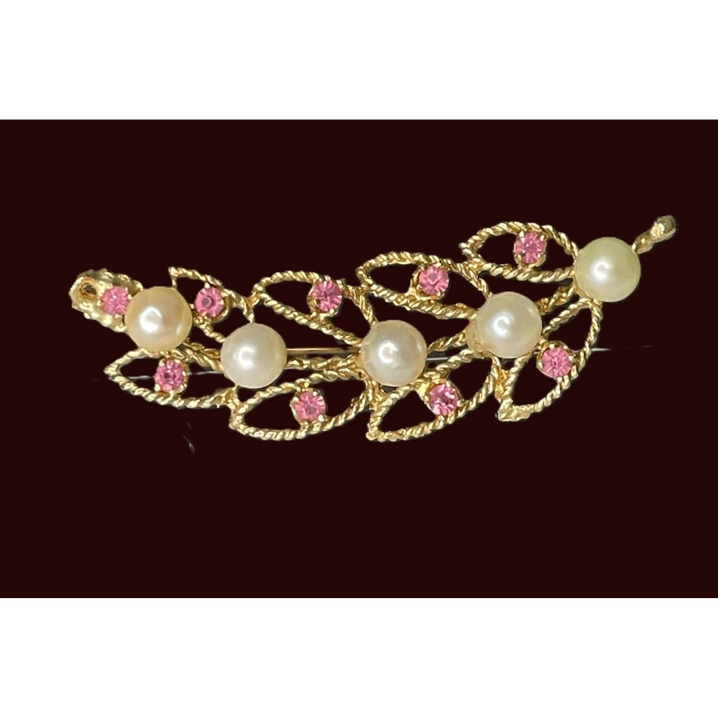 14k Gold Leaf Brooch With Pearls & Pink Gemstones Weighing 6.4 Grams